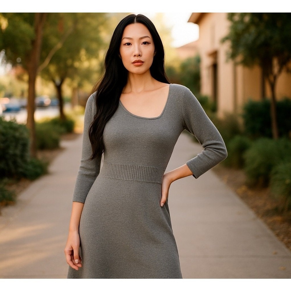 Prana Gray Sweater Dress M Wool Blend Long Sleeve Minimalist Neutral Sheath Knit